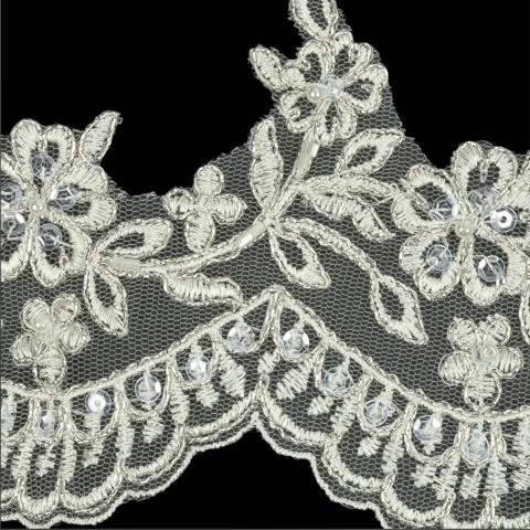 Off White and Metallic Silver Floral and Scalloped Edge Corded Bridal Lace Trim